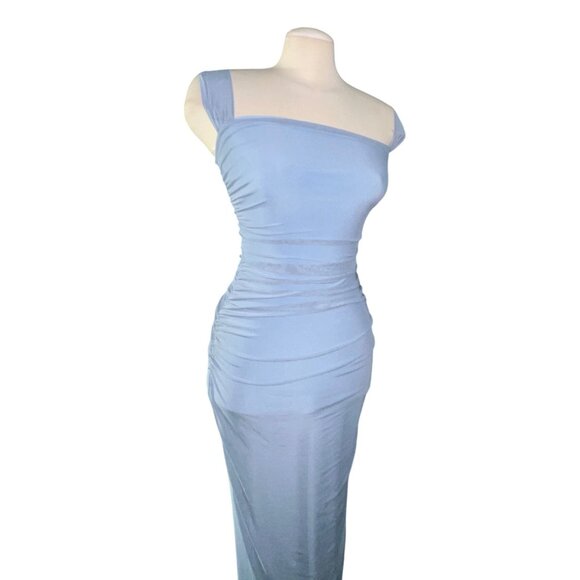 Lulus Amazing Presence Slate Blue Mesh Ruched Column Maxi Dress Sz XS Womens Blu - Picture 11 of 16